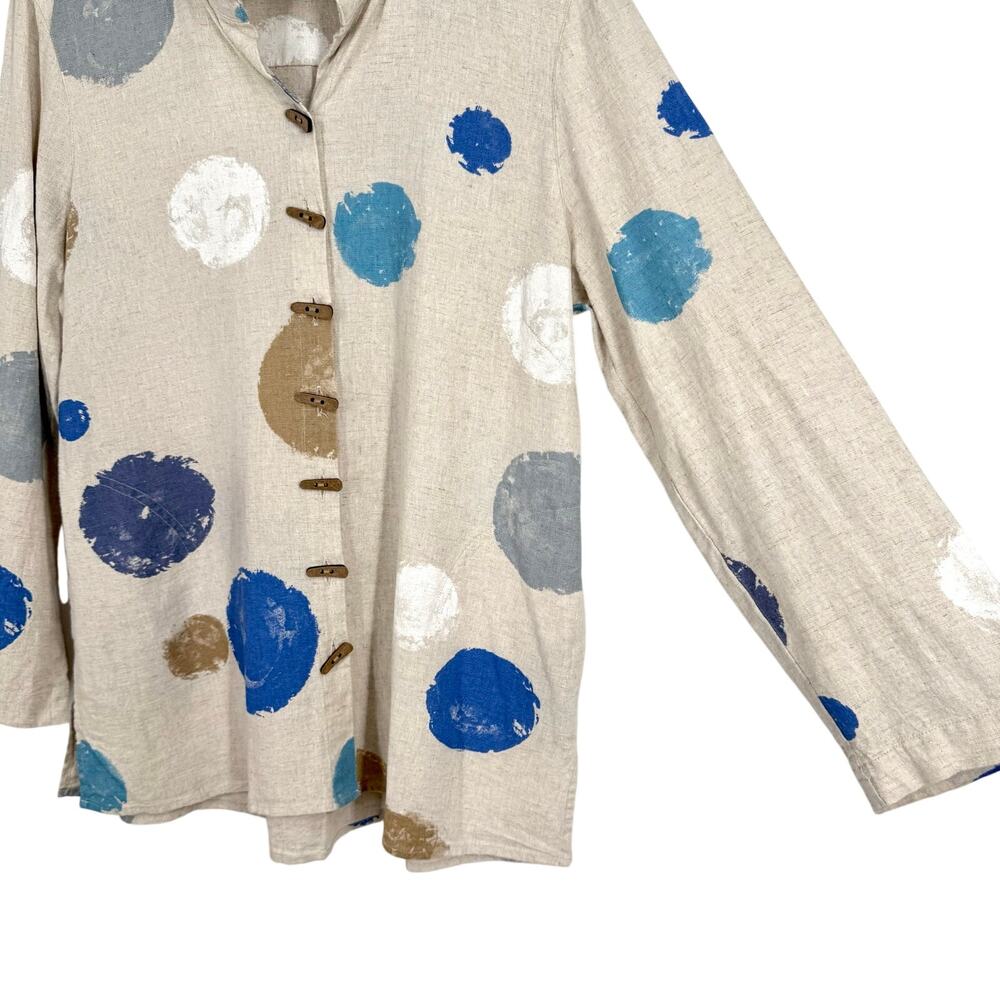 Ali Miles Sz Medium LINEN BLEND Blue Beige Wearable Art Beach Blouse Shirt Top - Picture 10 of 13